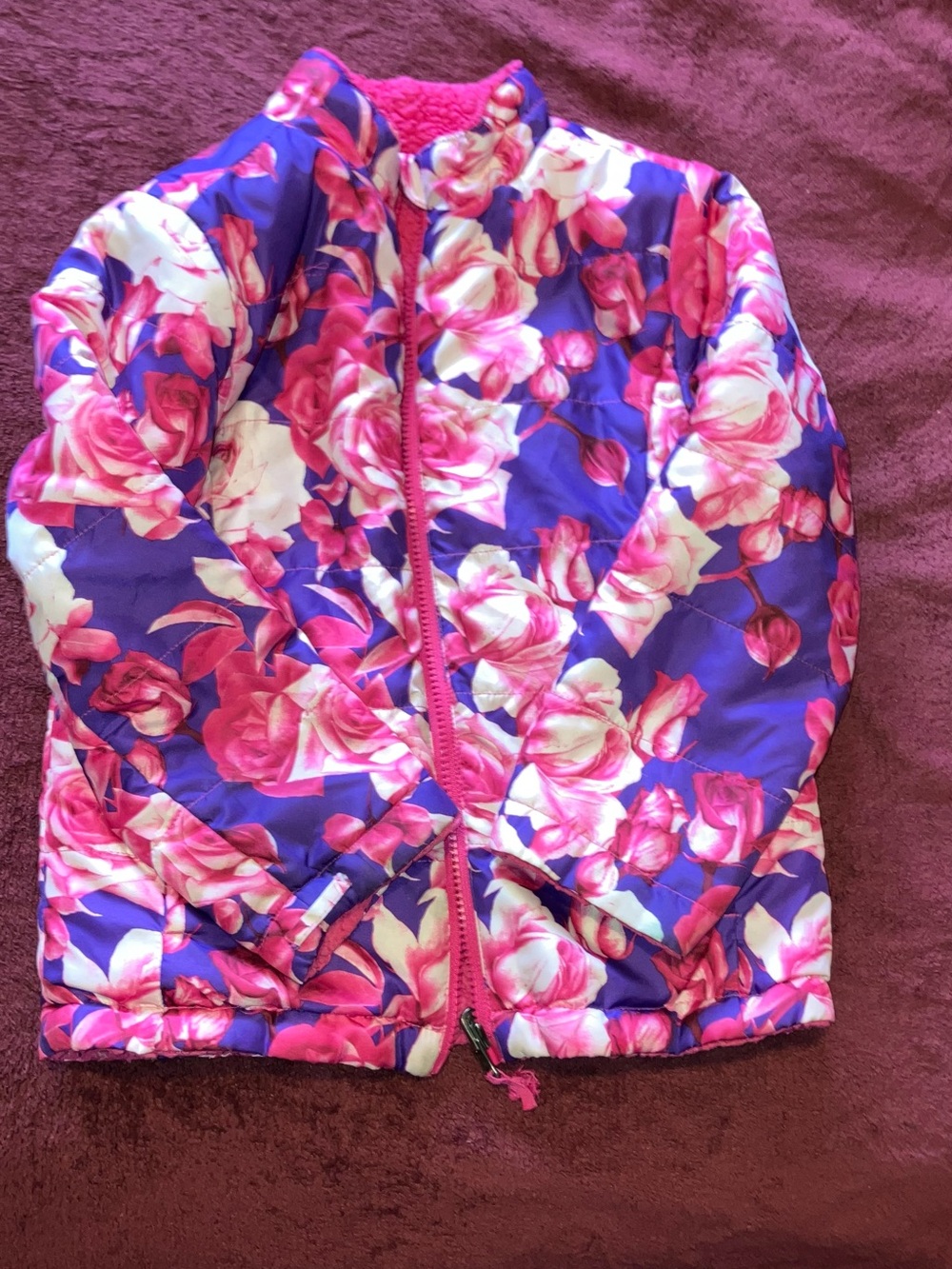 Girls Floral Reversible Puffer Jacket - Pink & Purple